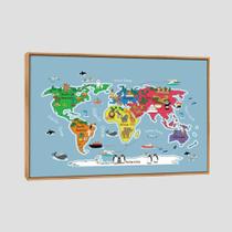 Quadro Quadro Mapa Mundi Infantil Tela Moldura Bege 63X42Cm