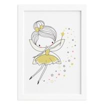 Quadro Quarto de Menina Fada Amarela Moldura Branca 22x32