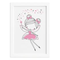 Quadro Quarto de Menina Fada Rosa Moldura Branca 33x43cm