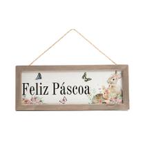 Quadro Retangular de Madeira "Feliz Páscoa" Coelhos com Flores - 1 unidade - Cromus - Rizzo