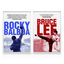 Quadro Rocky Balboa e Bruce Lee Motivacional Para Sala Quarto Kit 2 Telas Com Moldura Branca - Bimper