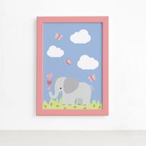 Quadro Safari Menina Elefante Moldura Rosa 22x32cm