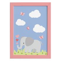 Quadro Safari Menina Elefante Moldura Rosa 22x32cm