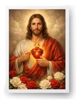 Quadro Sagrado Coração De Jesus Com Rosas Vermelhas 30x42cm