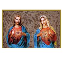 Quadro Sagrado Coração de Jesus e Maria - auréola dourada 30x40 Moldura e Vidro