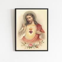 Quadro Sagrado Coração de Jesus Vintage 24x18cm Vidro Preta