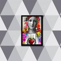 Quadro Sagrado Coração de Maria com Flores 24x18cm - com vidro