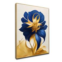 Quadro Sala Decorativo com Moldura Arte Flor Dourada Azul