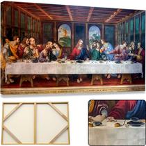Quadro Santa Ceia Decorativo Grande Para Sala 60x90 Tela Profissional Madeira e Tecido Alta Definição 4K