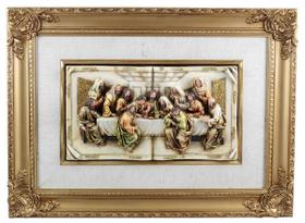 Quadro Santa Ceia Páscoa Dourado Detalhes Em Tecido 74cm