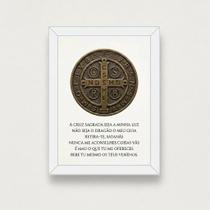 Quadro São Bento Oração Poderosa Branco Com Medalha 15x21cm