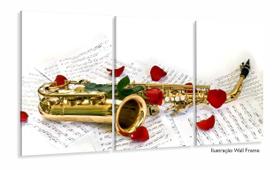 Quadro Saxofone Partituras E Rosas Decorativo Em Tecido 120x60 3 peças Quadro Saxofone Partituras E Rosas Decorativo Em Tecido 120x60 3 peças