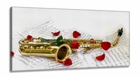 Quadro Saxofone Partituras E Rosas Decorativo Em Tecido em Tecido Canvas 130x60 Quadro Saxofone Partituras E Rosas Decorativo Em Tecido em Tecido Canvas 130x60