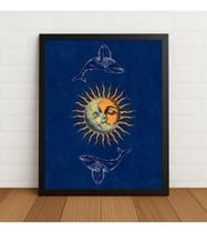 Quadro Sol E Lua Com Baleias Místico 33x24cm Com Vidro Preto