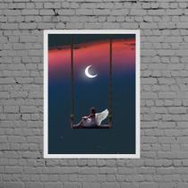 Quadro Surrealista Menina Anjo Com Lua 33x24cm - com vidro