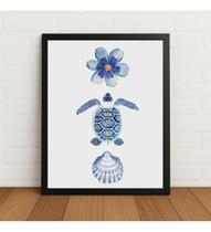 Quadro Tartaruga Azul Com Flor E Concha C/moldura E Vidro Preto Quadro Tartaruga Azul Com Flor E Concha C/moldura E Vidro Preto