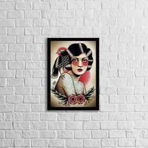 Quadro Tatoo Style Mulher Com Corvos 33X24Cm - Moldura Preta