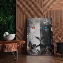 Quadro Tecido Canvas Leão Preto e Branco Borboleta Flores