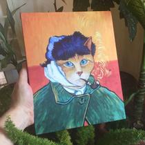 Quadro tela Van gogh com rosto de gatinho, Autorretrato Com Bandagem e Cachimbo.