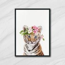 Quadro Tigrinho Coroa De Flores 45X34Cm Com Vidro Preta