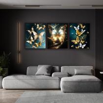 Quadro Trio De Borboletas Douradas Em Canvas 129x53cm