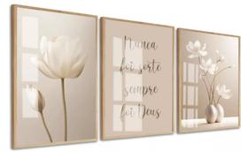 Quadro Trio Flores Bege Boho Frases Religioso"