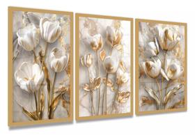 Quadro Trio Flores Gold Luxo Abstratas"