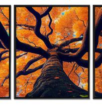 Quadro Trio Linda Árvore Laranja Canvas com Moldura 129x53cm