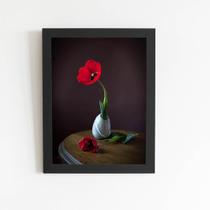 Quadro Tulipa Vermelha Em Vaso Pintura Moldura Preta 60X40Cm