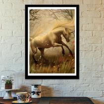 Quadro Unicórnio Cavalo Branco Encantado Floresta Mágica Magia Fantasia Tamanho A3 com Moldura