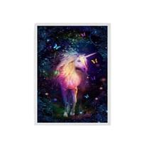 Quadro Unicórnio Mágico Com Borboletas 45X34Cm Madeira Preta