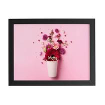 Quadro Vaso De Flores Rosa Minimalista Moldura Preta 60X40Cm