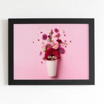 Quadro Vaso de Flores Rosa Minimalista Moldura Preta 60x40cm
