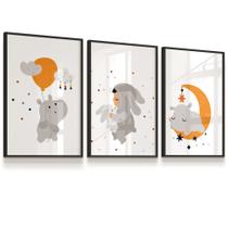 Quadro Vidro Hipopótamo Lua Balão Menino Infantil 23x33 Cada