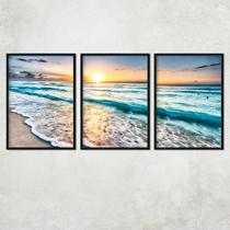 Quadro Vidro Kit 3 Mar Ondas Praia Natureza Por do Sol Sala Quarto