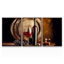 Quadro Vinícola Vinho Taça Barril Uvas Decorativo Mosaico 3 Telas Moldura - Bimper