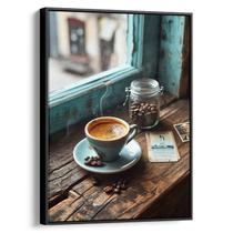 Quadro Vintage - Café na Janela Azul Desgastada Quadro Vintage - Café na Janela Azul Desgastada