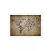 Quadro Vintage Mapa Mundi Antigo Moldura Branca 22x32cm