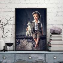 Quadro Vintage Menininho E Cachorro 45X34Cm Moldura Branca