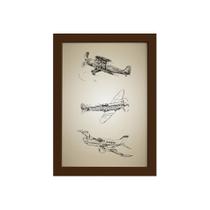 Quadro Vintage Moldura Marrom Aviões Antigos Triplo 33x43cm