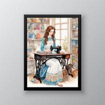 Quadro Vintage Mulher Costurando 45x34cm