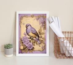 Quadro Vintage Passarinho Lilás 33x24cm - Madeira Branca