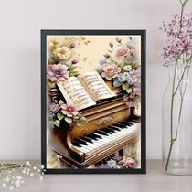 Quadro Vintage Piano Com Flores 24X18Cm - Com Vidro