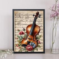 Quadro Vintage Violino Com Flores 33X24Cm - Com Vidro