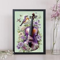 Quadro Vintage Violino E Passarinho 33X24Cm - Com Vidro