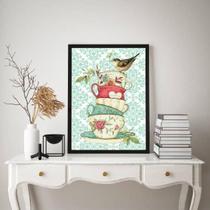 Quadro Vintage Xícaras Passarinho - 24x18cm - Preta