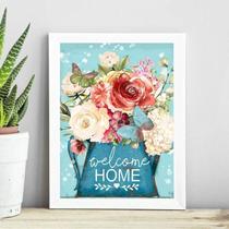 Quadro Welcome Home - Flores E Borboleta 24X18Cm - Com Vidro