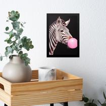 Quadro Zebra Bubble Gum - Fundo Preto 33X24Cm - Com Vidro