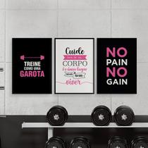 Quadros Academia Exercício Funcional Motivação Fitness 3 Peças 28x40cm