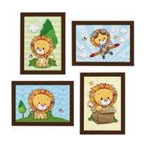 Quadros Animais Leão Baby Moldura Marrom 22x32cm Kit 4un